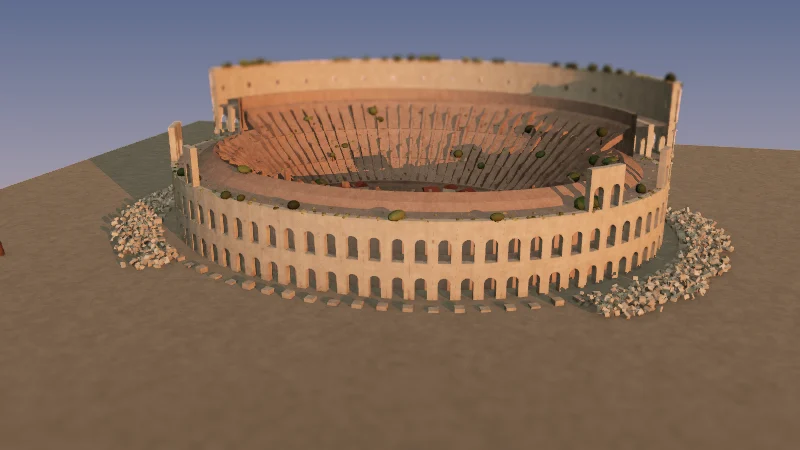 El Coliseo tras el terremoto de 1349, con travertino caído en el lado sur
