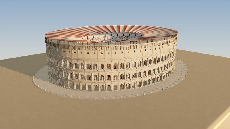 El Coliseo en el año 80 d. C., con el velario desplegado y las gradas llenas