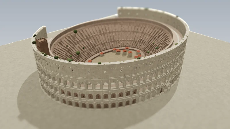 El Coliseo en la Edad Media, sin las galerías exteriores en el lado sur, con arcadas tapiadas al noreste y una torre en la entrada este