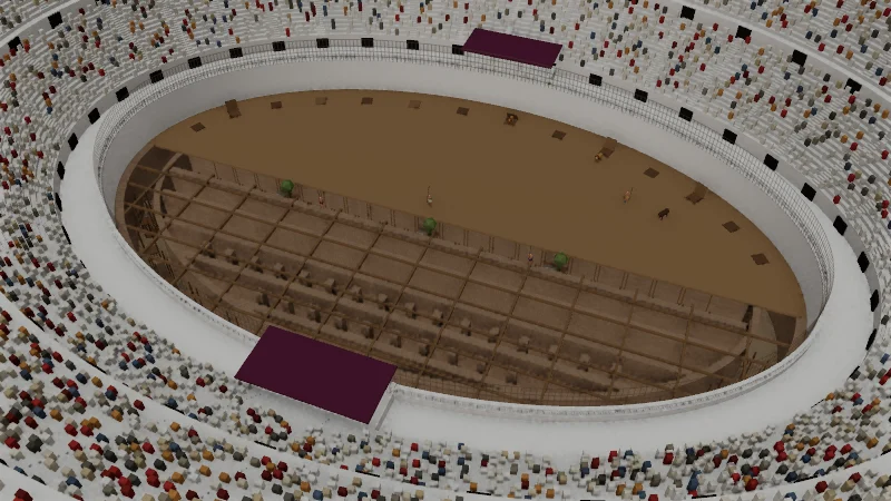 Sección del suelo de la arena que muestra las galerías del hipogeo y los montacargas para animales