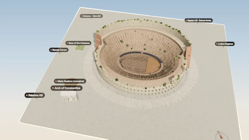 The Colosseum today, with the broken south side and the open hypogeum