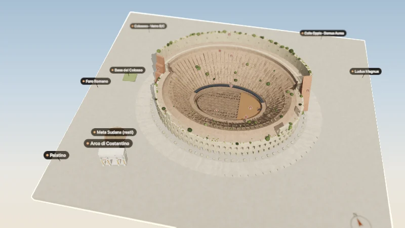 Il Colosseo oggi, con il lato sud spezzato e l’ipogeo a cielo aperto