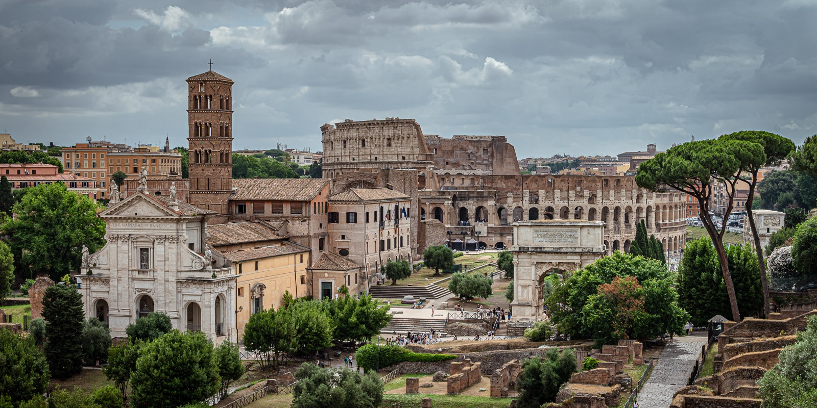 Wide panorama of the Colosseum from the Palatine terrace