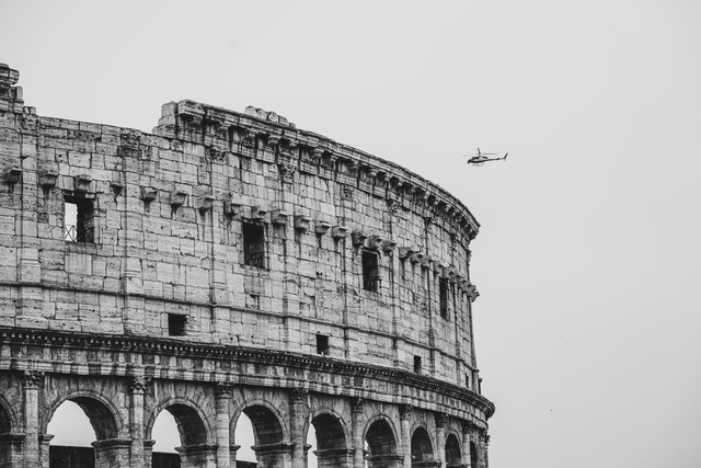 Colosseum Rome – Black and White with Helicopter